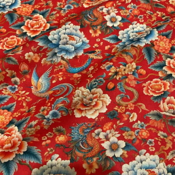 Tecido Tricoline Digital Flores Passaros e Dragões Coleção Tesouros do Oriental  Tecido Tricoline Digital Flores Passaros e Dragões Coleção Tesouros do Oriental