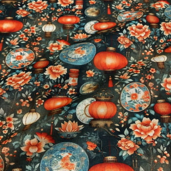 Tecido Tricoline Digital Louças e Luminarias Coleção Tesouros do Oriental