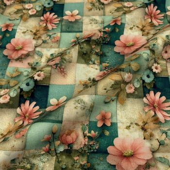 Tecido Tricoline Digital Quadriculado Verde Floral Coleção Bird Patch