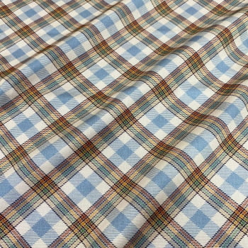 Tecido Tricoline Digital Xadrez Diagonal Vintage Azul Multicoloridos