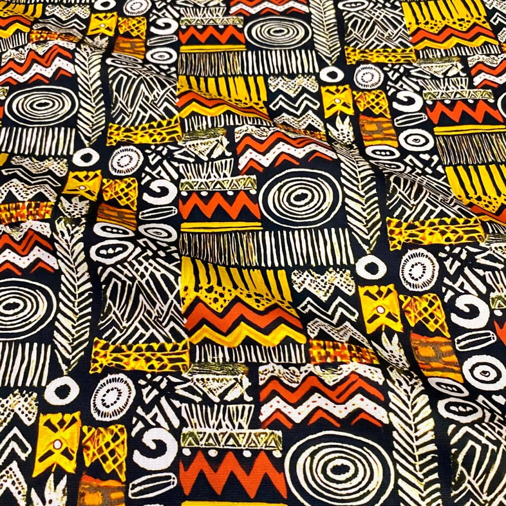 Tecido Tricoline Digital Africa Africana Grafismos Tribal Preto Branco Amarelo