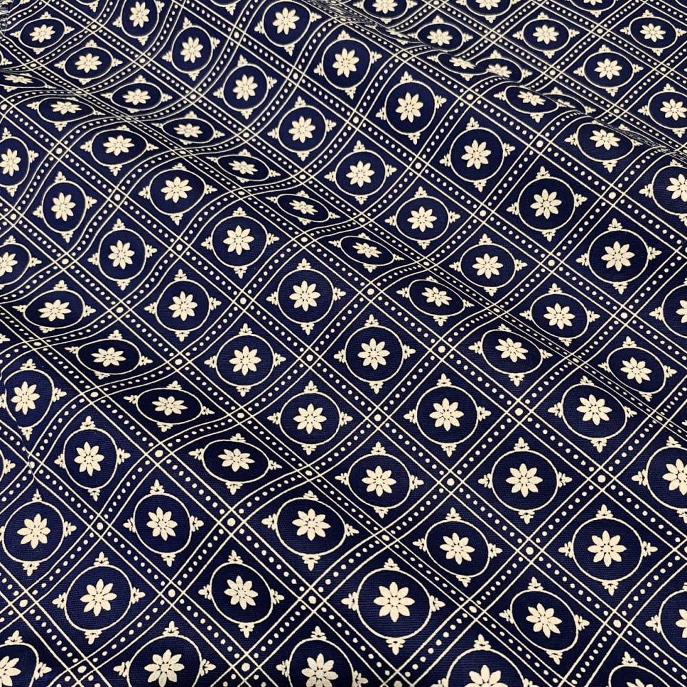 Tecido Tricoline Floral Calico Losangos Cru Fundo Azul Marinho