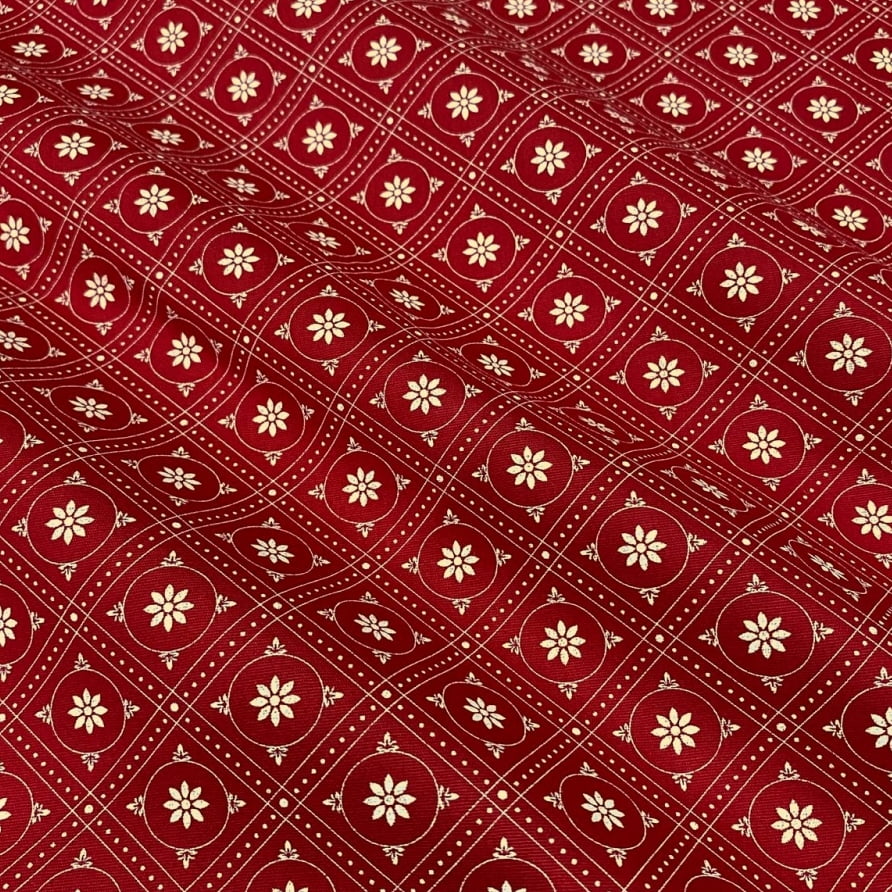 Tecido Tricoline Floral Calico Losangos Cru Fundo Vermelho