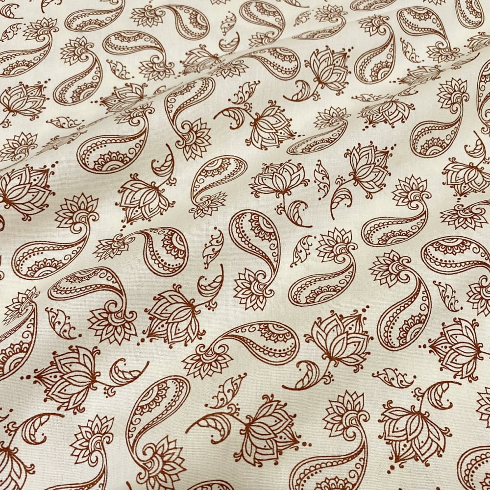 Tecido Tricoline Paisley Cashmere Marrom Fundo Cru