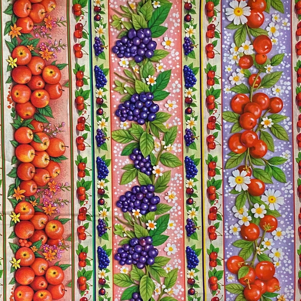 Tecido Tricoline Barrado Arranjo de Flores e Frutas