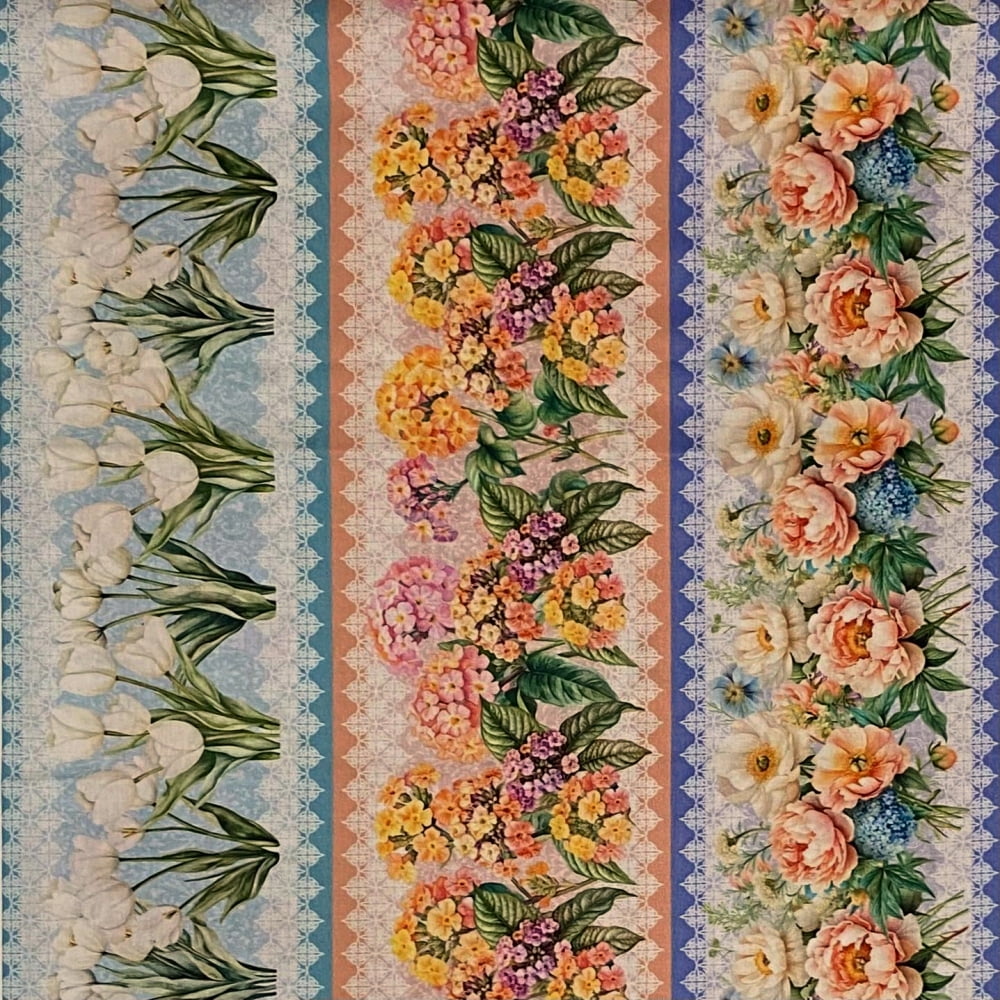 Tecido Tricoline Barrado Digital Arranjo de Flores Fundo Rendinha