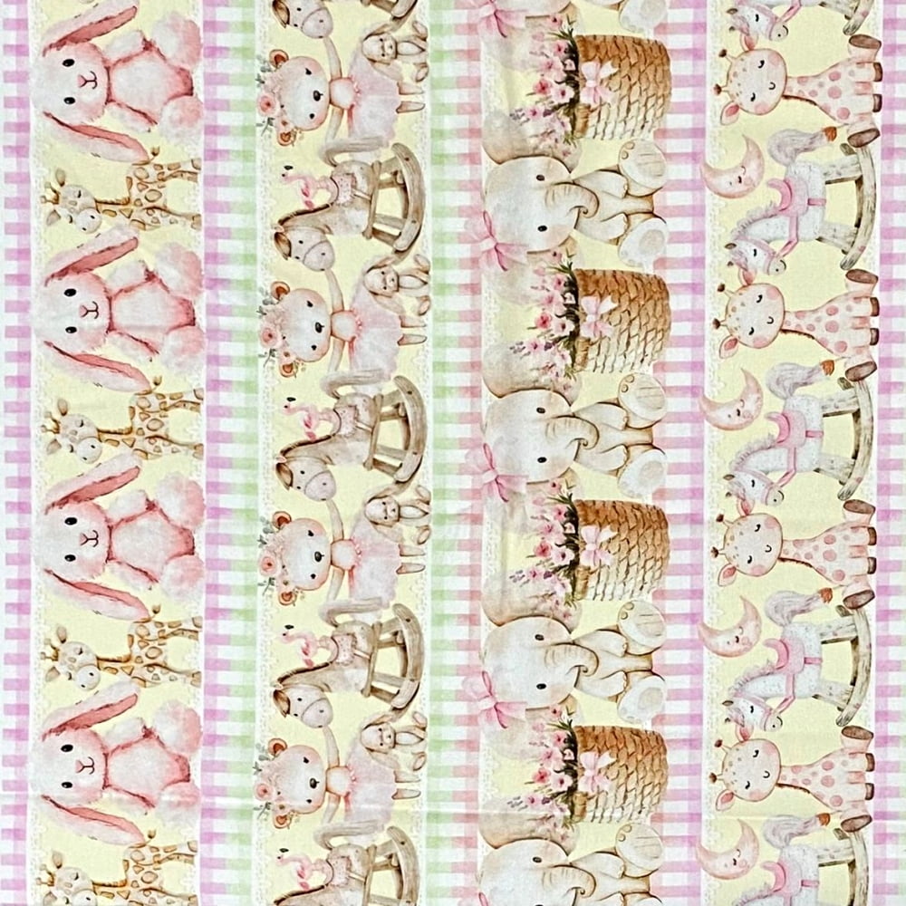 Tecido Tricoline Barrado Digital Bichinhos de Pelúcia Rosa Amarelo