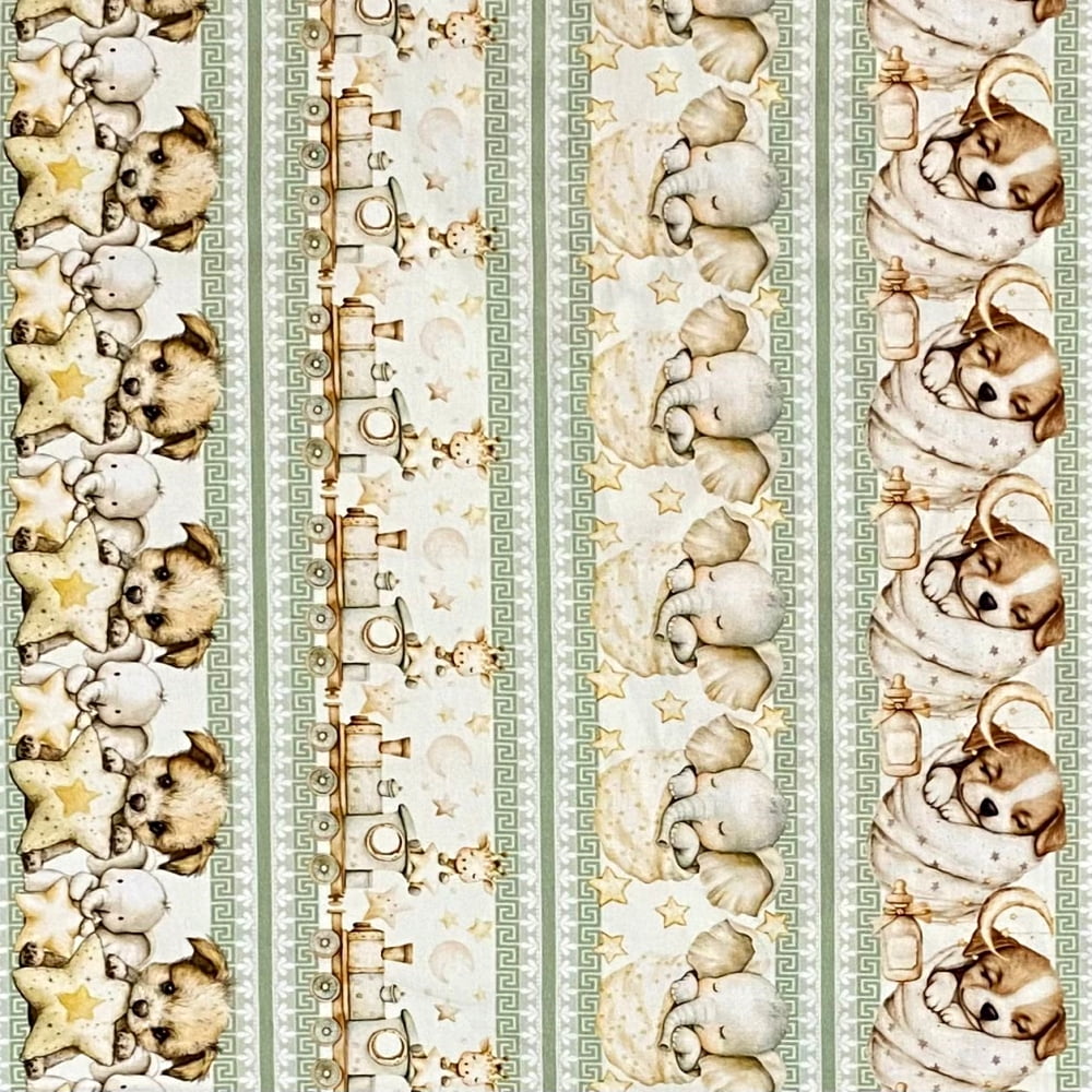 Tecido Tricoline Barrado Digital Bichinhos e Pets Verde Bege