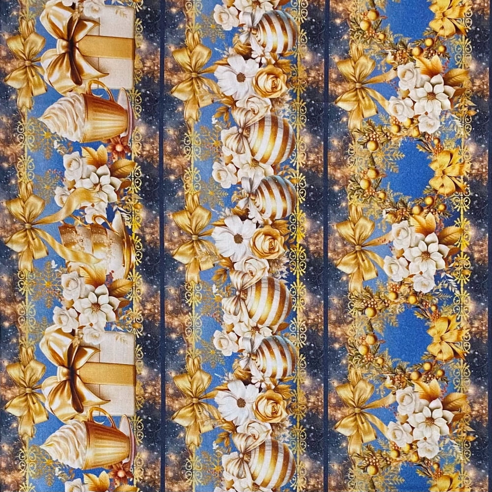 Tecido Tricoline Barrado Digital Bolas de Natal Velas e Decorações Azul Dourado