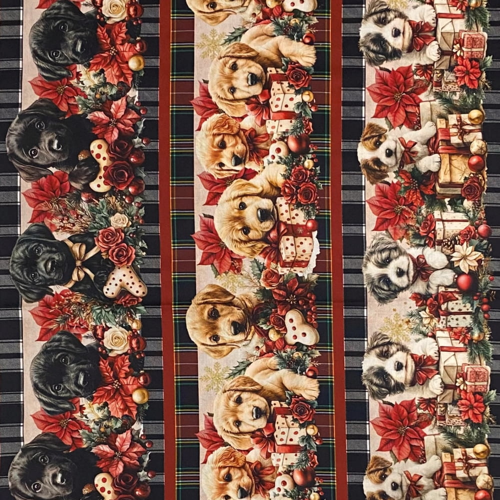 Tecido Tricoline Barrado Digital Cachorro Cachorrinhos de Natal