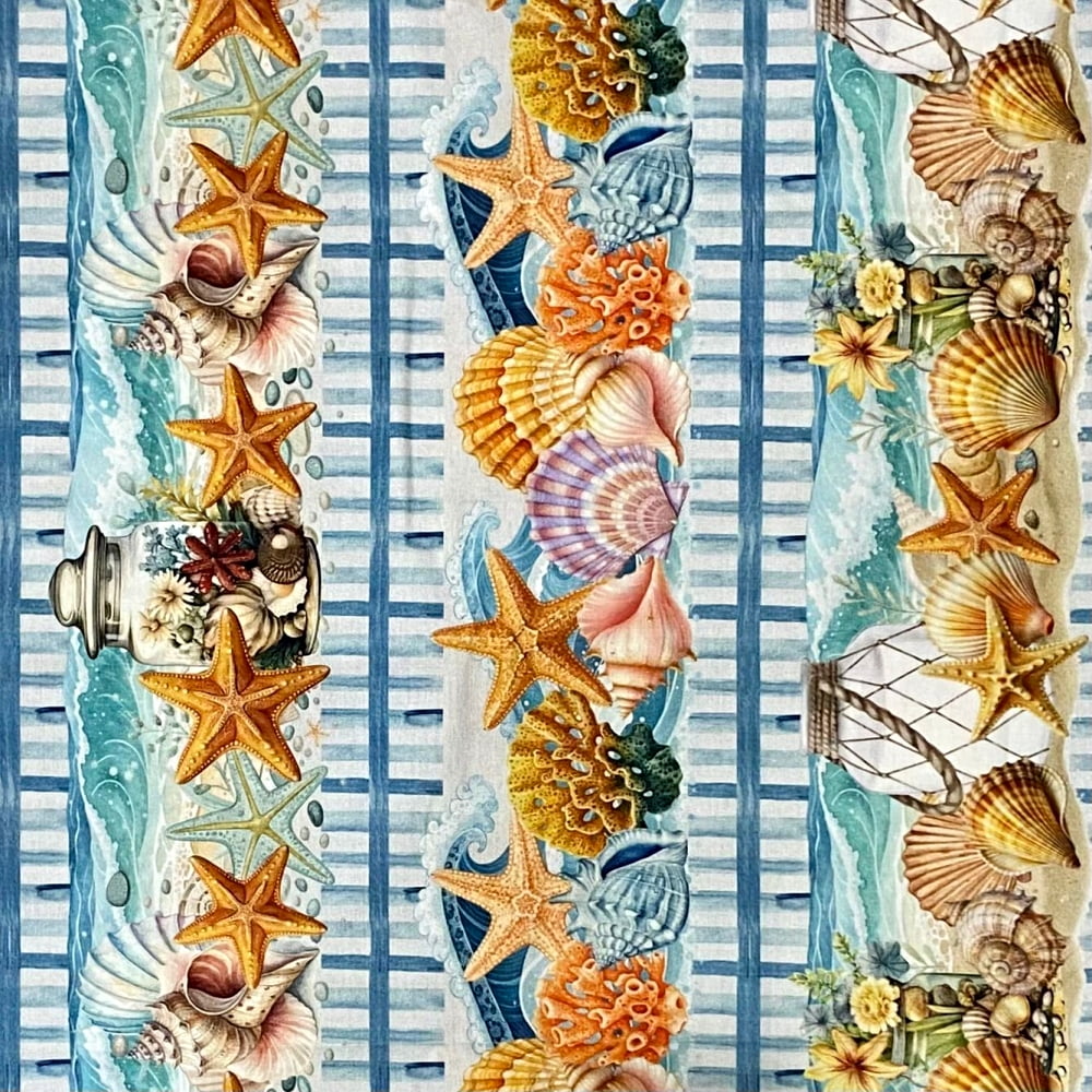 Tecido Tricoline Barrado Digital Estrelas e Conchas do Mar