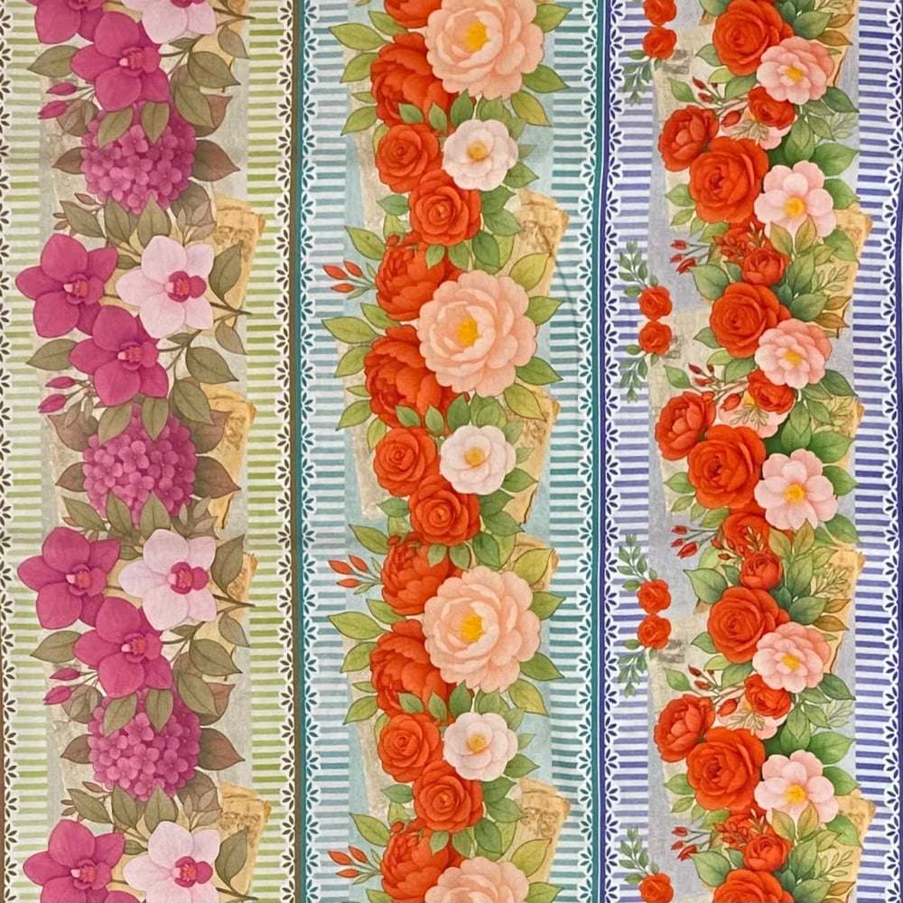 Tecido Tricoline Barrado Digital Floral Diversos Vermelho Rosa Branco