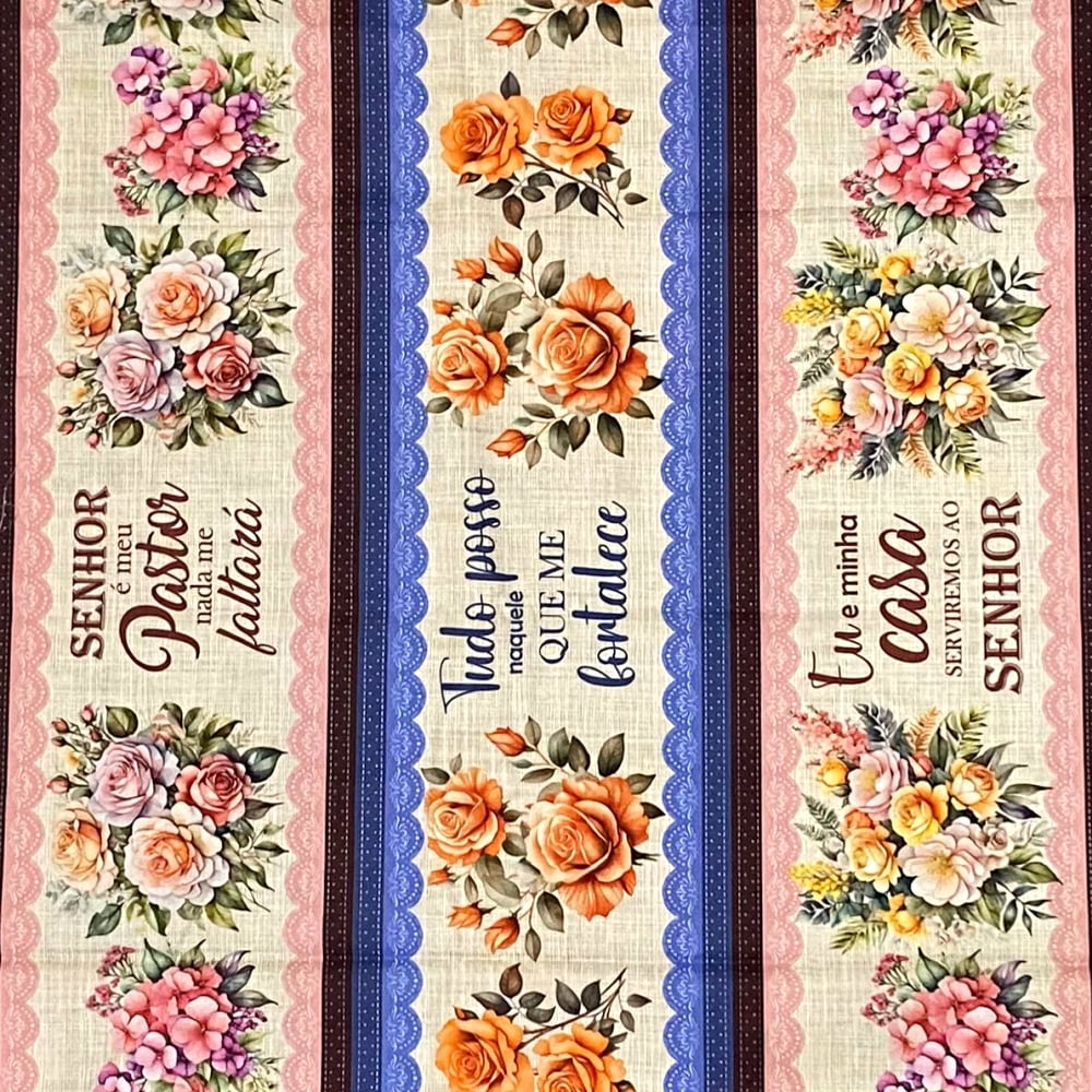 Tecido Tricoline Barrado Digital Floral Flores e Frases Religiosas