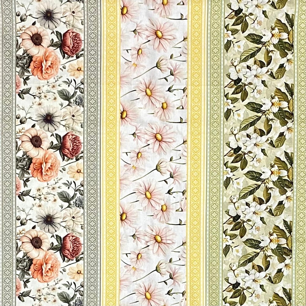 Tecido Tricoline Barrado Digital Floral Flores e Ladrilhos Colorido