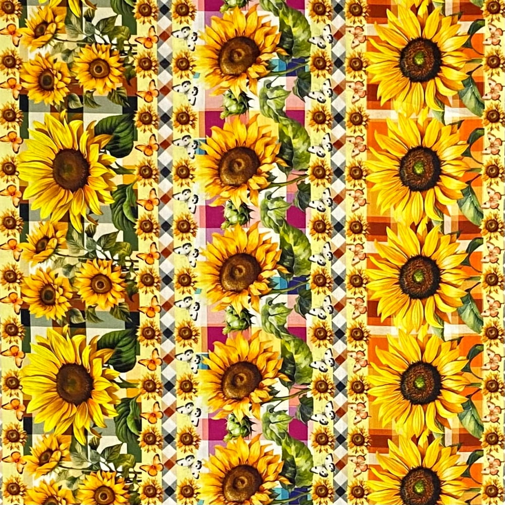 Tecido Tricoline Barrado Digital Floral Girassol Fundo Xadrez