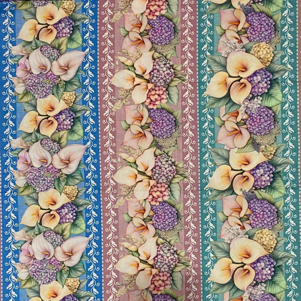 Tecido Tricoline Barrado Digital Floral Hortensias E Copo de Leite