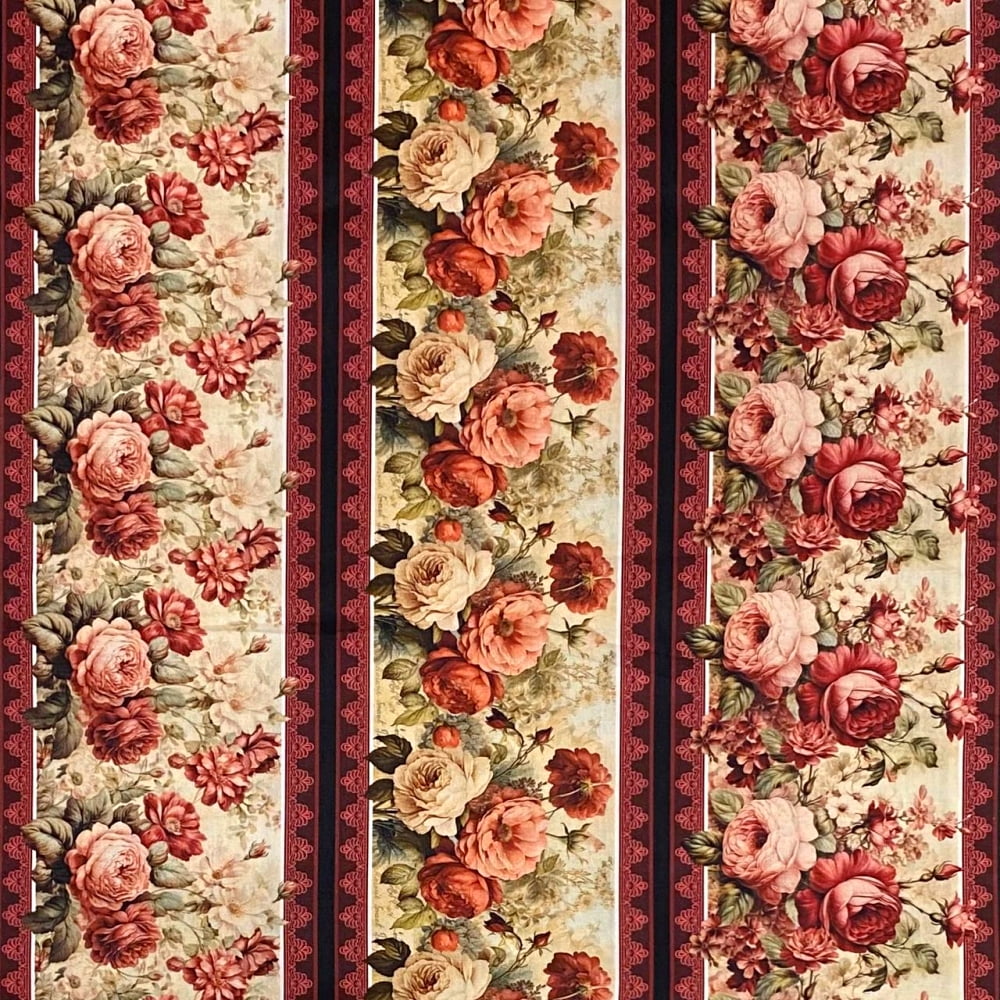 Tecido Tricoline Barrado Digital Floral Rosas Elegantes Vintage