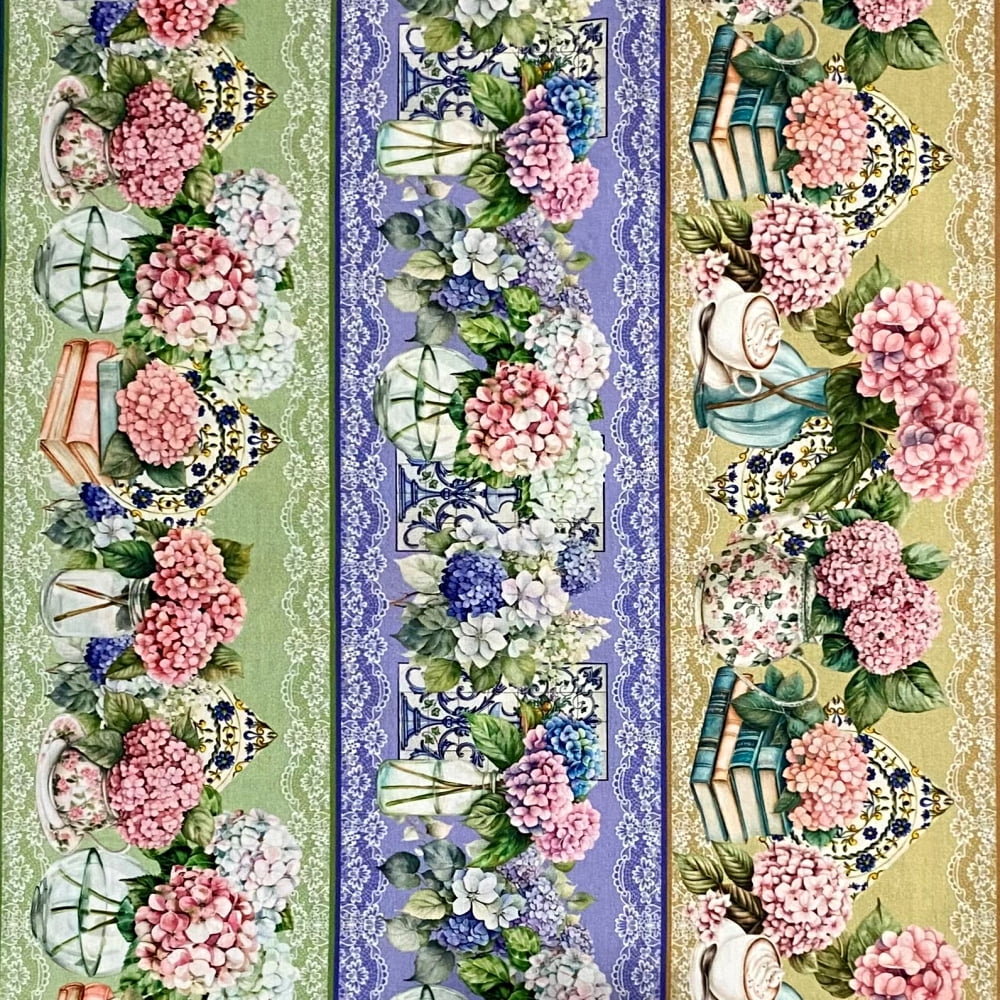 Tecido Tricoline Barrado Digital Floral Vasos e Louças Hortensias