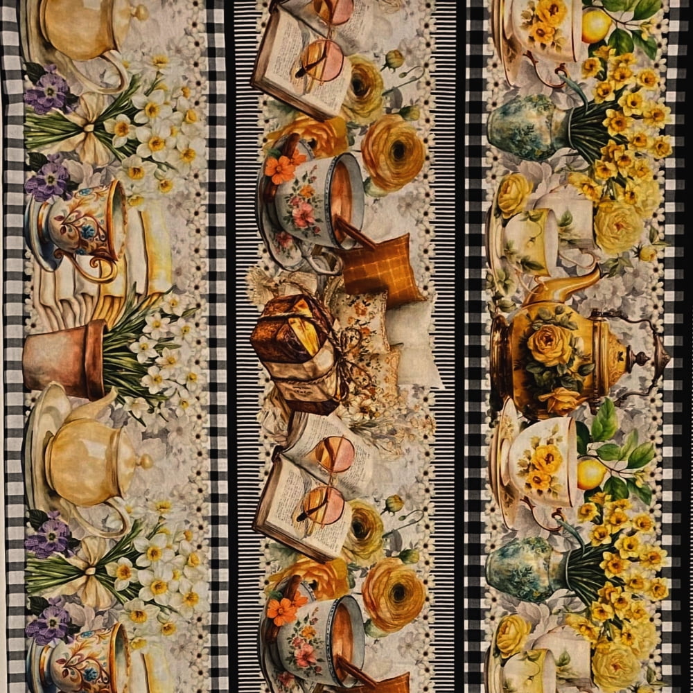 Tecido Tricoline Barrado Digital Flores e Chas Xadrez Preto e Branco