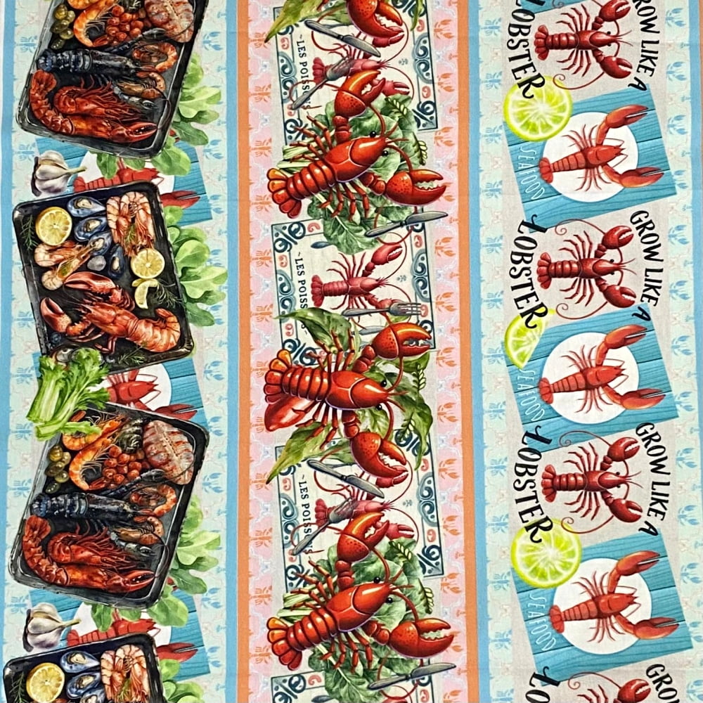 Tecido Tricoline Barrado Digital Frutos do Mar Lagostas