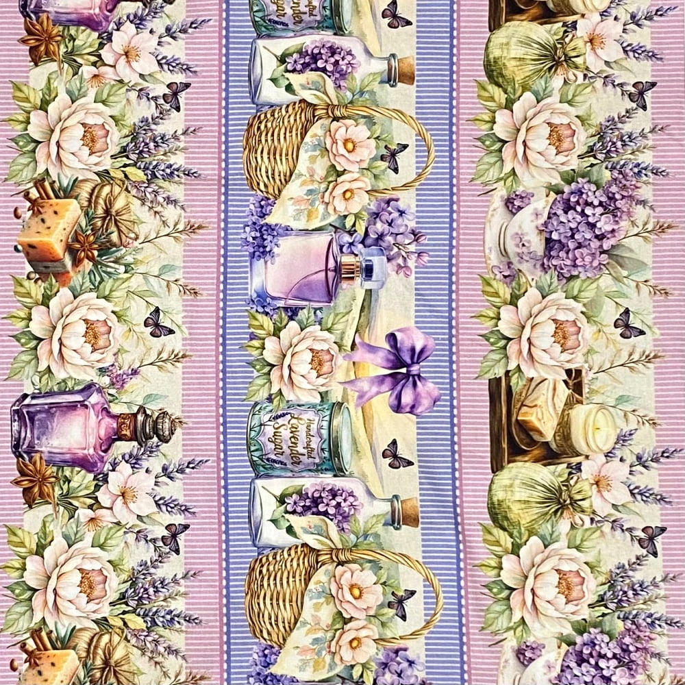 Tecido Tricoline Barrado Digital Lavabo Floral Rosa e Lilas 