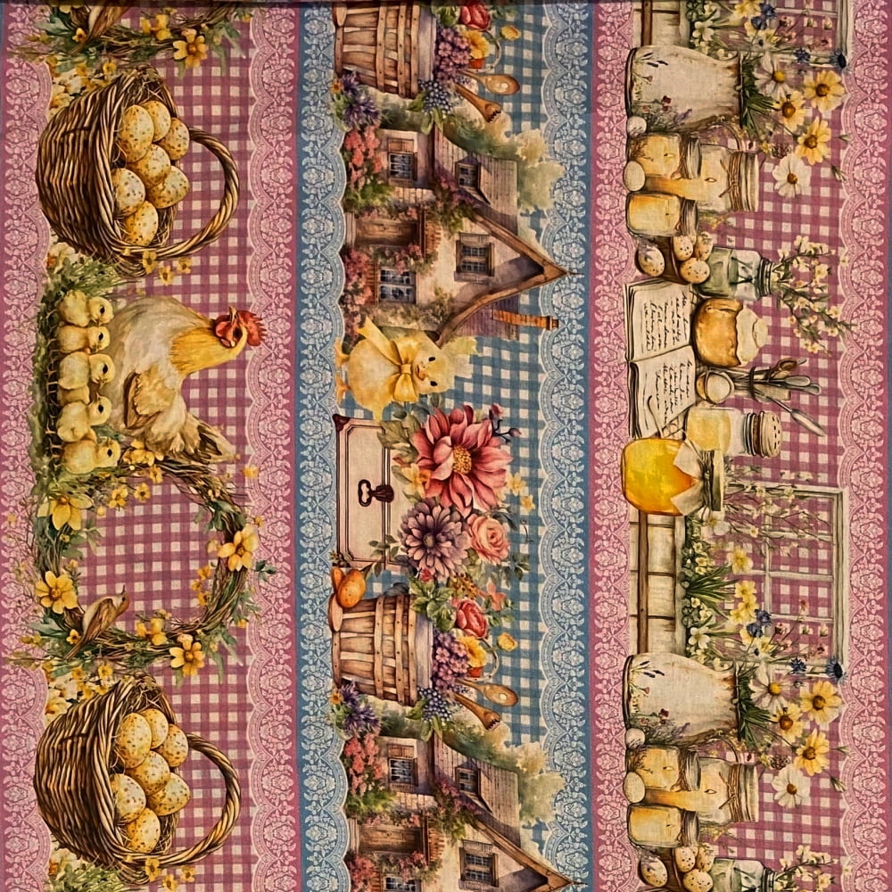 Tecido Tricoline Barrado Digital Passaros, Louças e Limão Siciliano