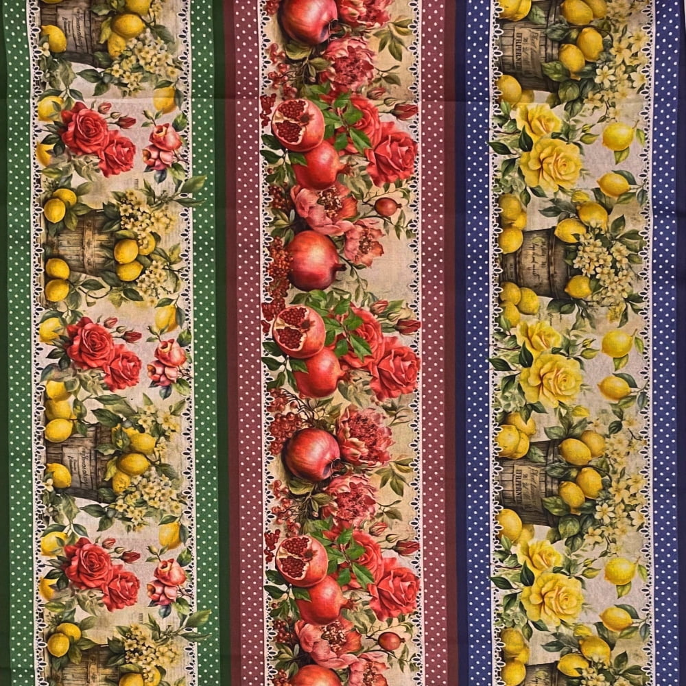 Tecido Tricoline Barrado Digital Romã e Limao Siciliano