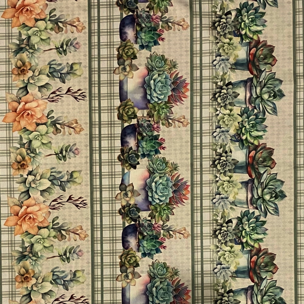 Tecido Tricoline Barrado Digital Suculentas Xadrez Verde