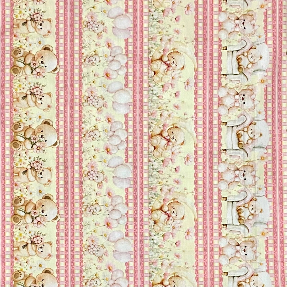 Tecido Tricoline Barrado Digital Ursinho de Pelucia e Flores Rosa Amarelo