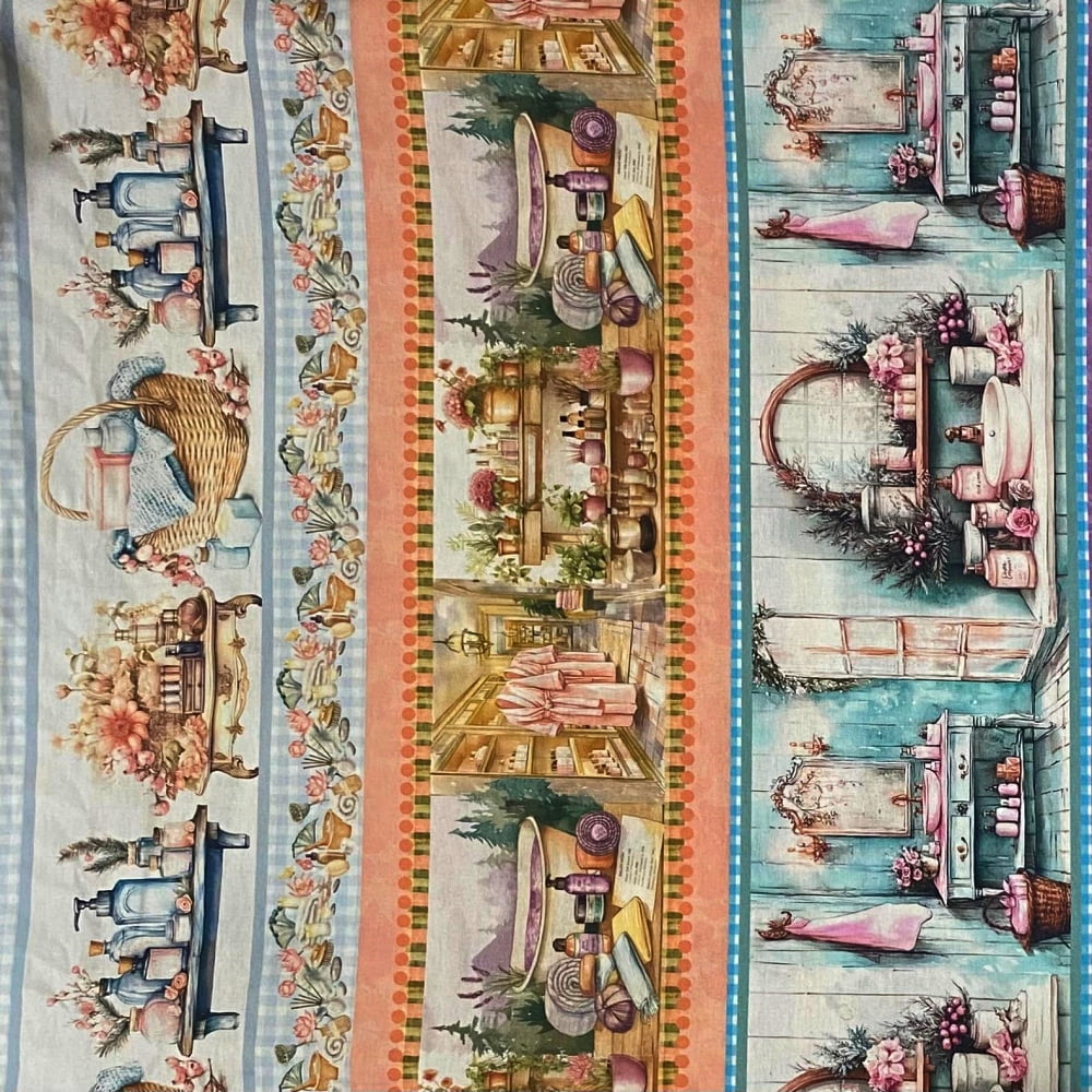 Tecido Tricoline Barrado Itens de Banheiro e Flores