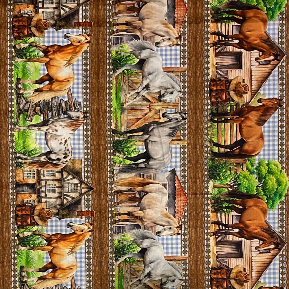 Tecido Tricoline Digital Barrado Fazenda de Cavalos 