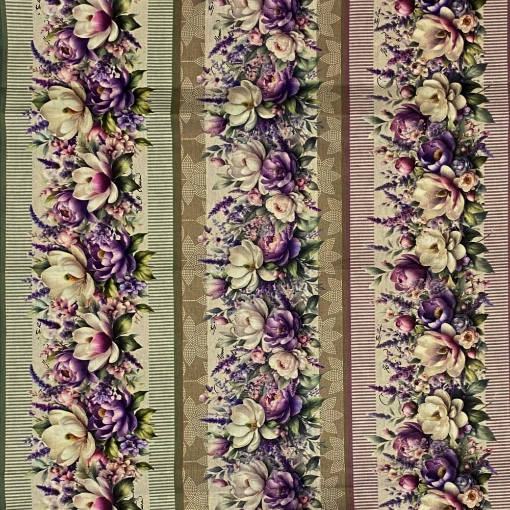 Tecido Tricoline Digital Barrado Flores Brancas e Roxos