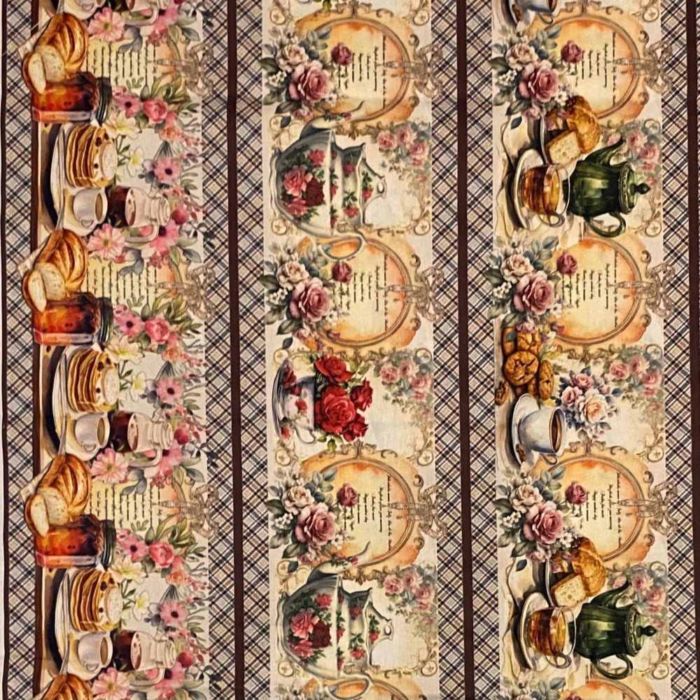 Tecido Tricoline Digital Barrado Flores Louças e Café