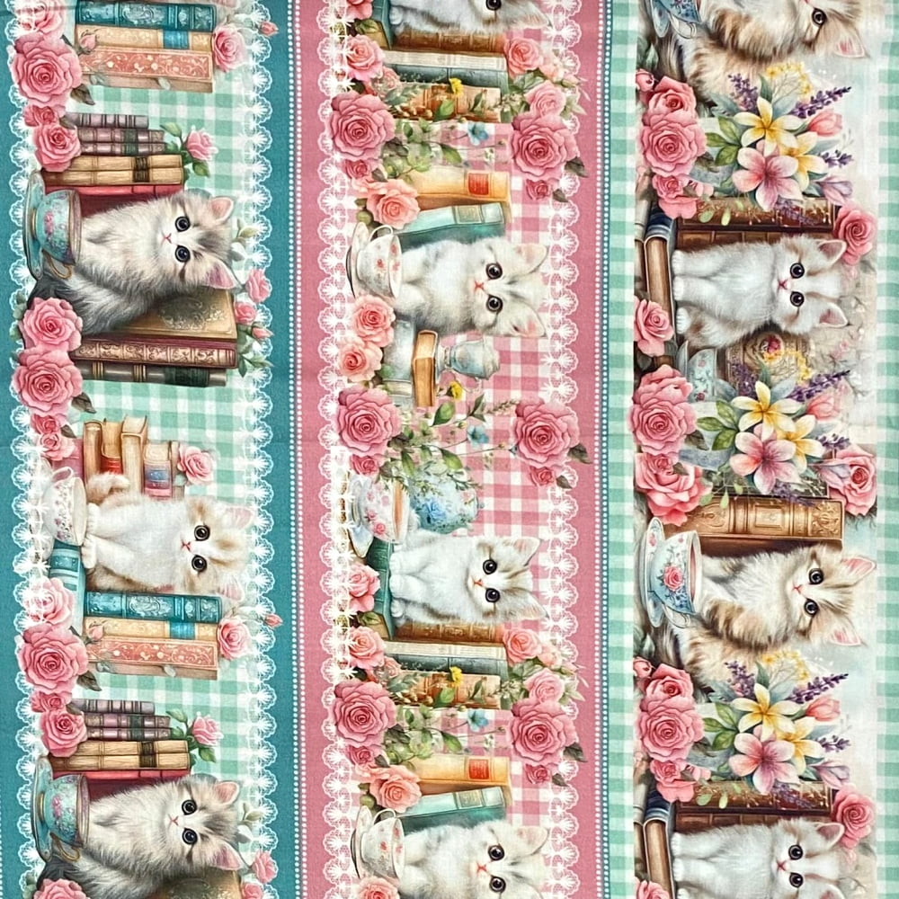 Tecido Tricoline Digital Barrado Gatos Gatinhos e Livros