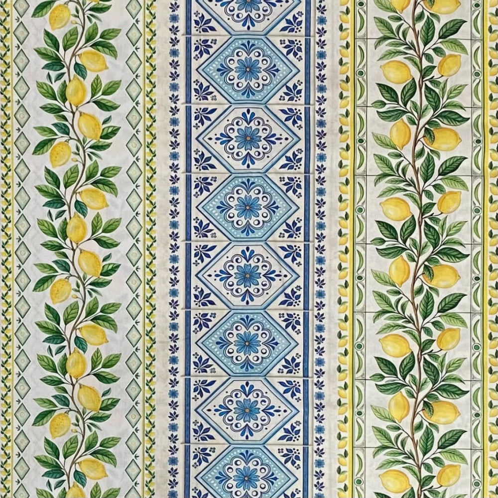 Tecido Tricoline Digital Barrado Limão Siciliano Azulejo Azul