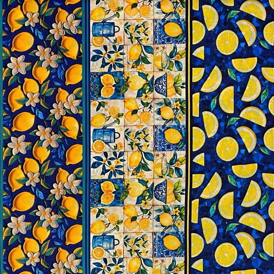 Tecido Tricoline Digital Barrado 3D Limão Siliciano e Azulejo Portugues 
