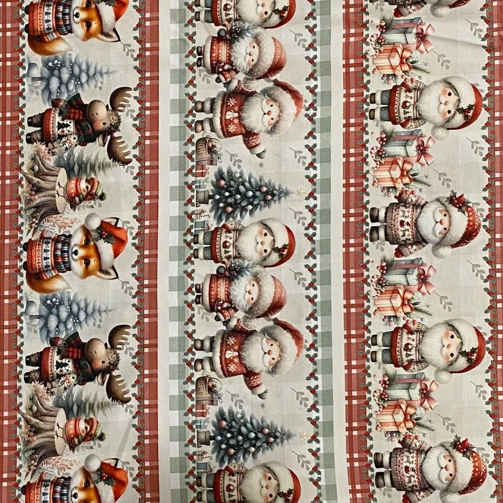 Tecido Tricoline Digital Barrado Natal na Floresta Bichinhos e Papai Noel