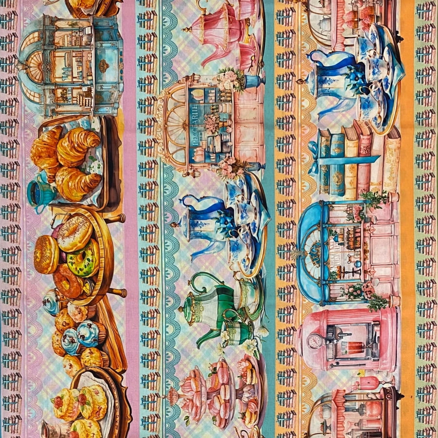 Tecido Tricoline Digital Barrado Patisserie Doces e Guloseimas Vintage Colorido