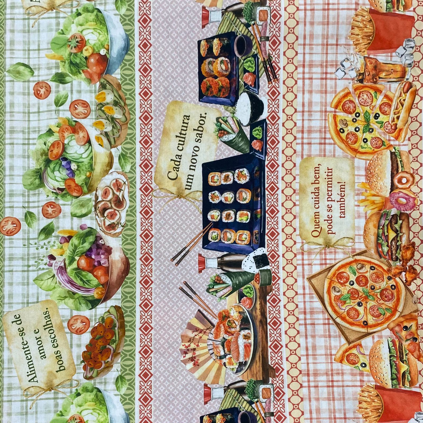 Tecido Tricoline Digital Barrado Semaninha Culinária Cultural
