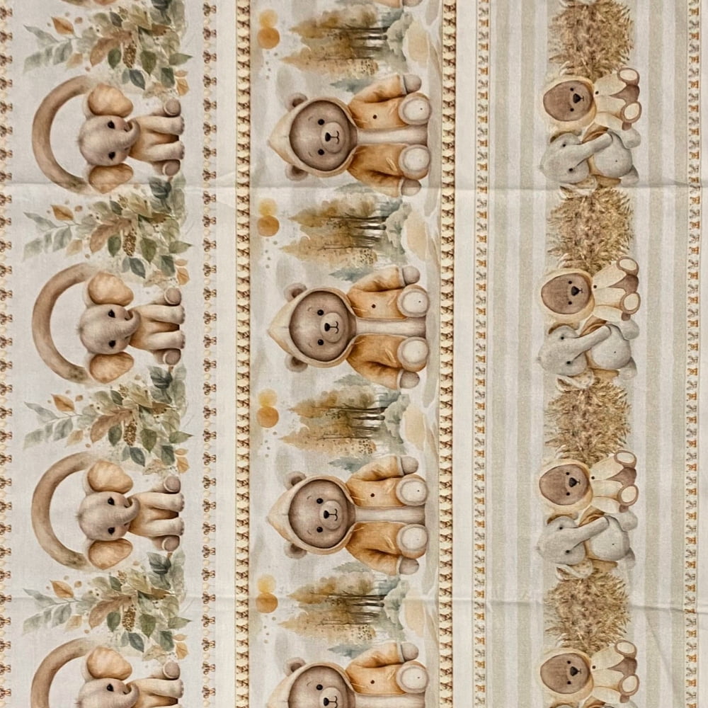 Tecido Tricoline Digital Barrado Ursinhos e Elefantes Coleção Dupla Fofura