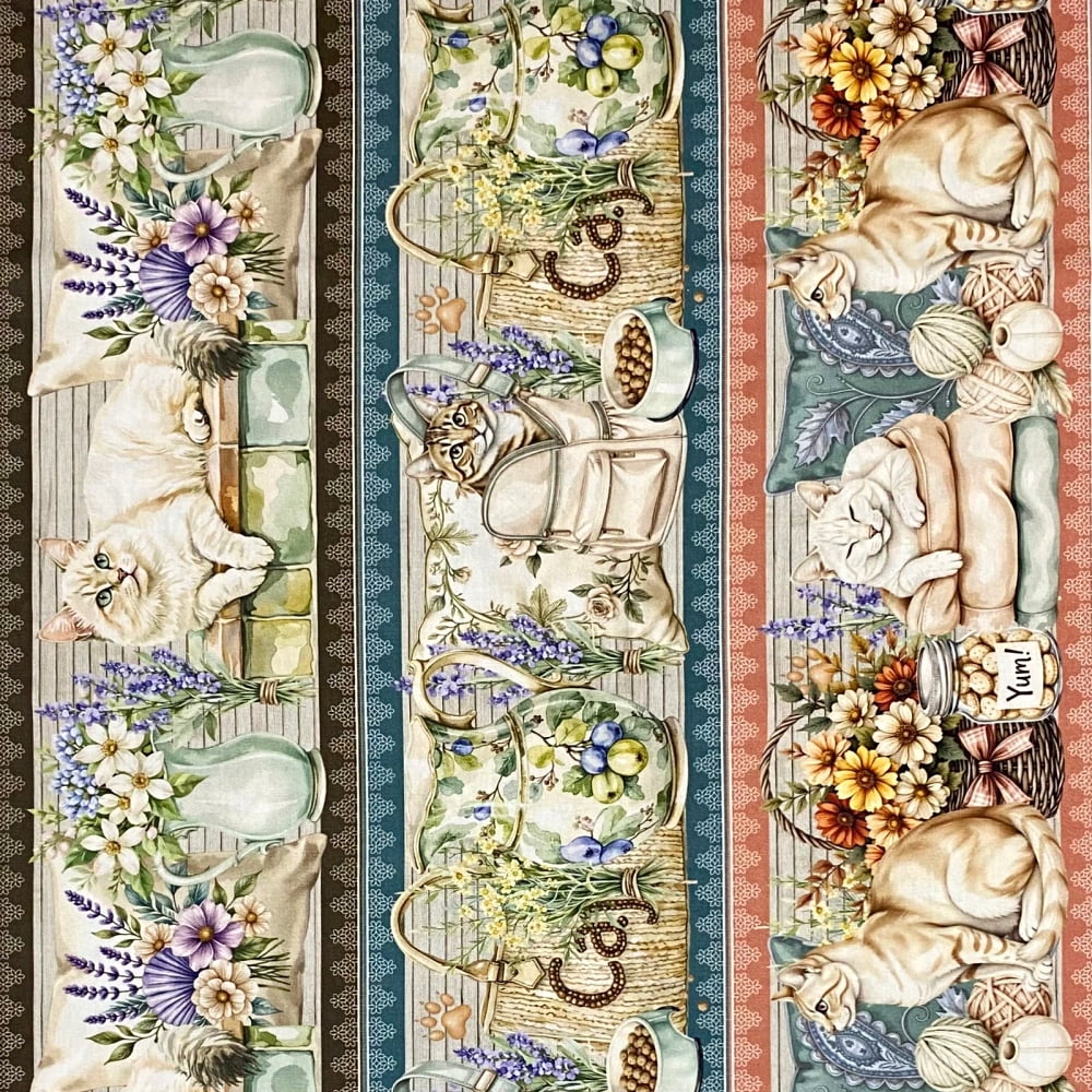 Tecido Tricoline Digital Barrado Vida de Gatinhos Gatos Colorido