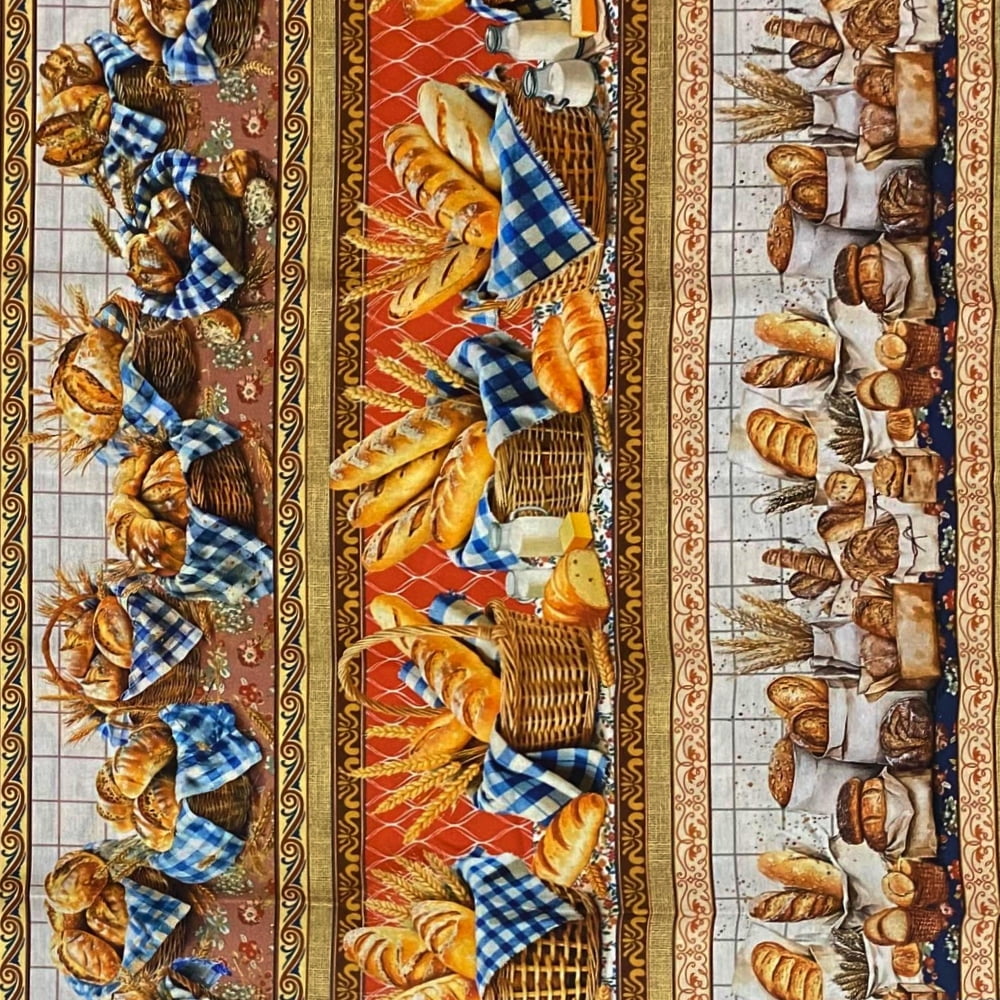 Tecido Tricoline Digital Barrados Café com Pães