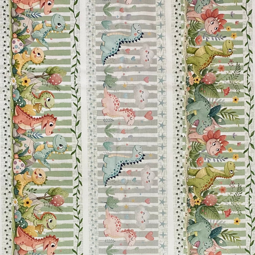 Tecido Tricoline Digital Barrados Festa dos Dinossauros Coloridos