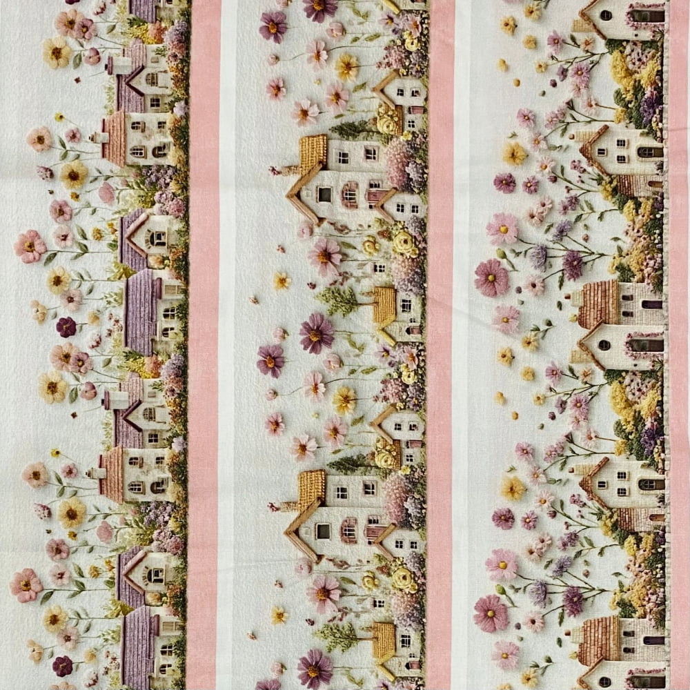 Tecido Tricoline Digital Barrados Vila Floral Delicada 3D