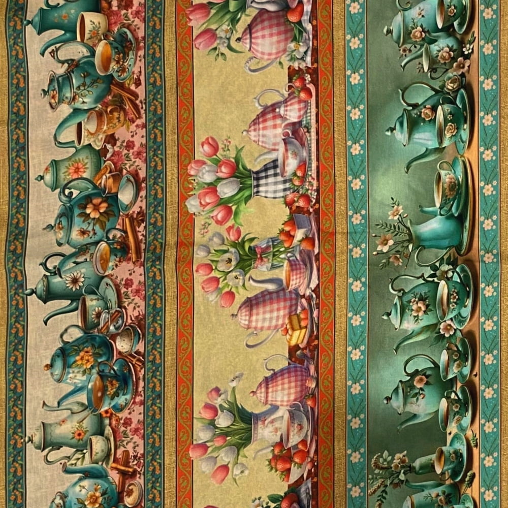 Tecido Tricoline Digital Barrados Xicaras Coloridas Floridas