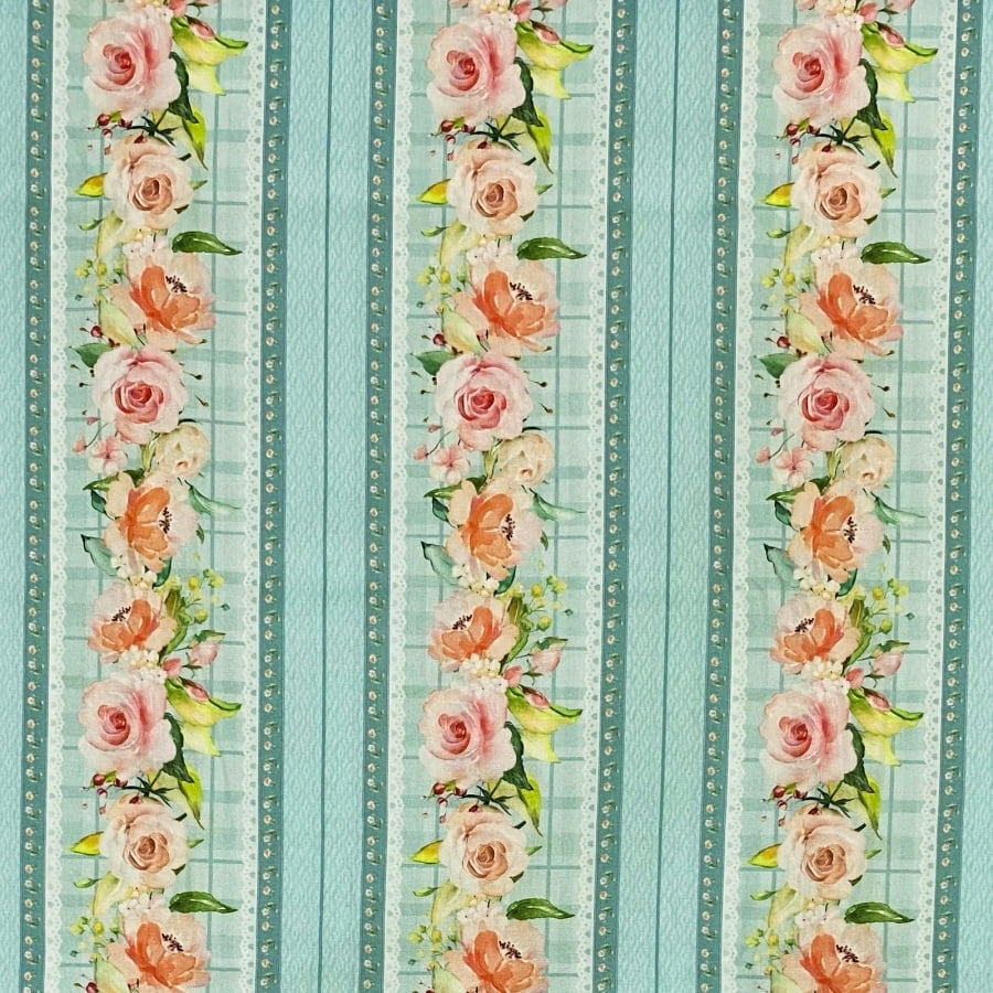 Tecido Tricoline Digital Trilho de Rosas Vintage Garden Azul