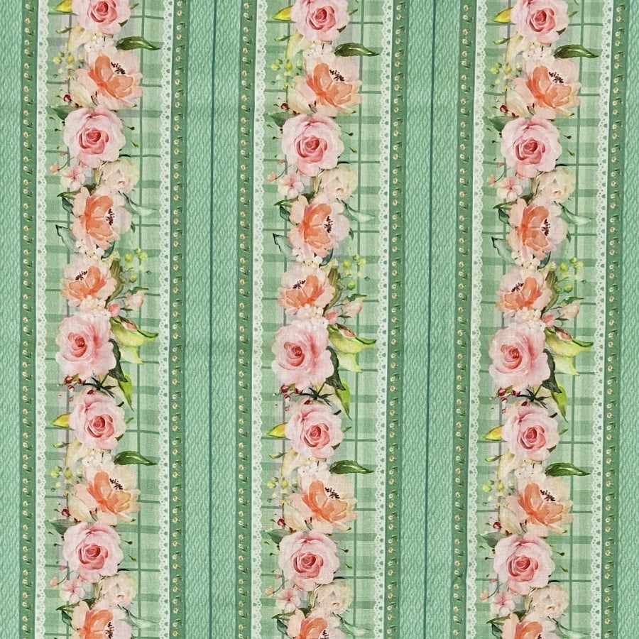 Tecido Tricoline Digital Trilho de Rosas Vintage Garden Verde