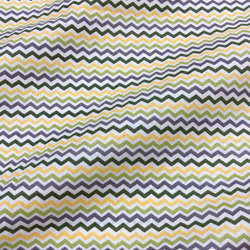 Tecido Tricoline Chevron Cinza, Verde, Amarelo (Safari) 