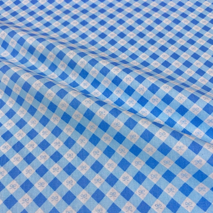 Tecido Tricoline Xadrez Mini Laços Azul Claro e Escuro