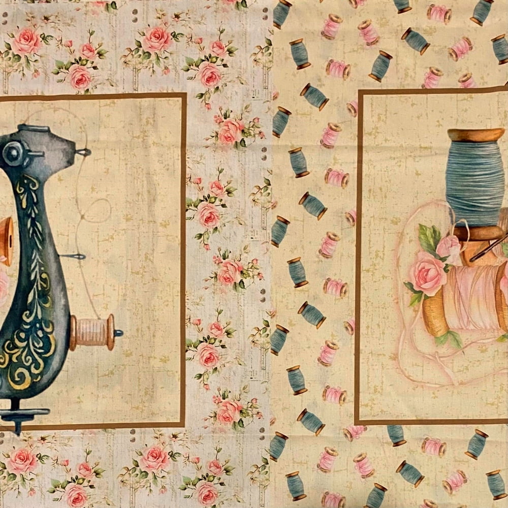 Tecido Tricoline Digital Painel Aplique Artigos de Costura Vintage Coleção Costureiras & Ateliê